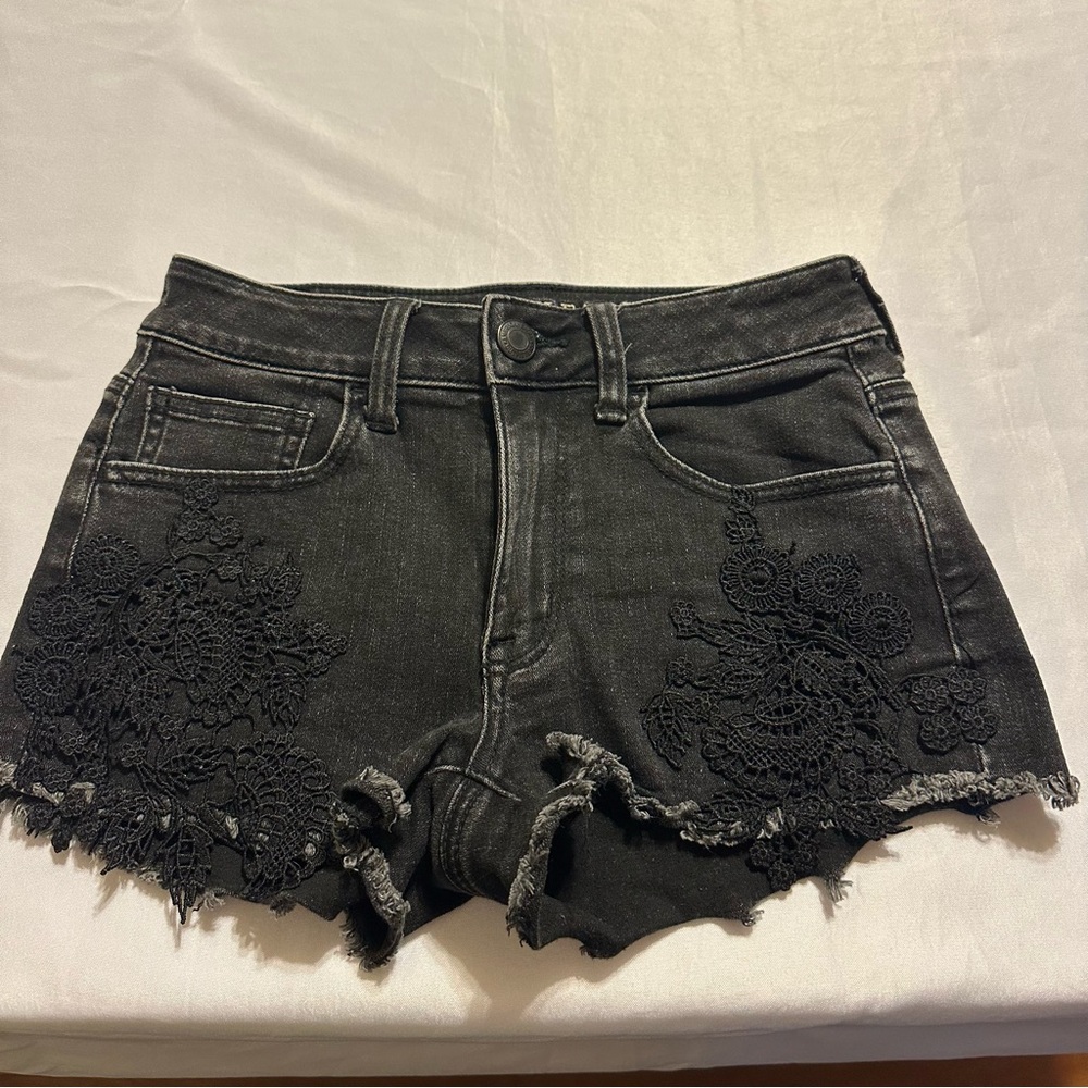 American Eagle Black Lace Denim Shorts